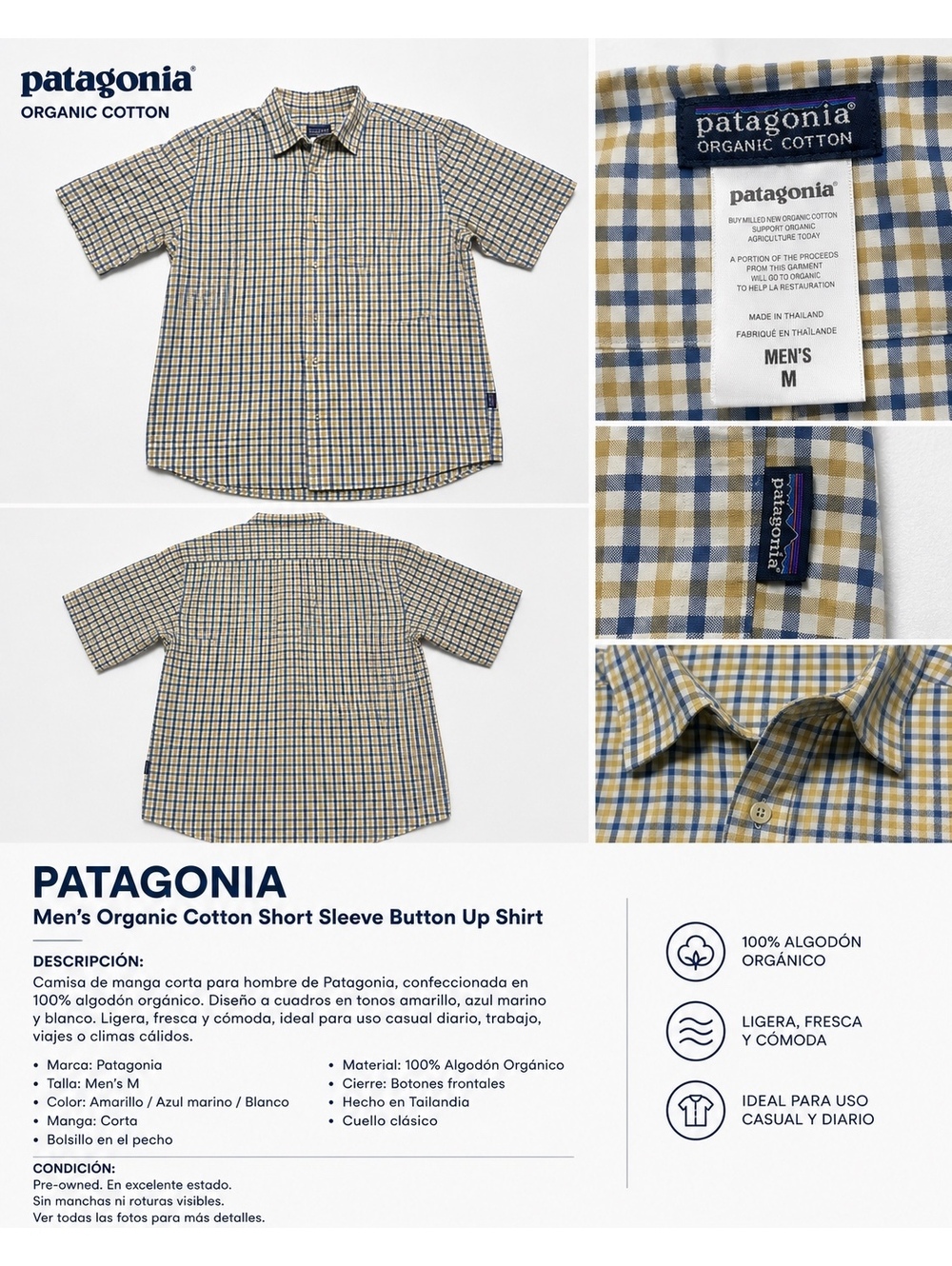Patagonia Men’s M Organic Cotton Plaid Short Sleeve Button Up Shirt Blue Yellow